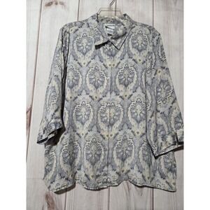 Bon Worth Womens Grey Paisley Damask 3/4 Sleeve Button Up Blouse Top L